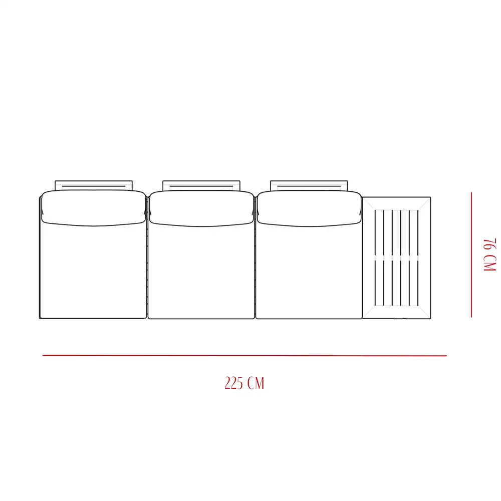 1 x Table : L120 x W69 x H31 cm.<br>1 x Bench 3-Seaters : L234 x W76 x H72 cm.<br>1 x Bench 3-Seaters : L225 x W76 x H72 cm.<br>